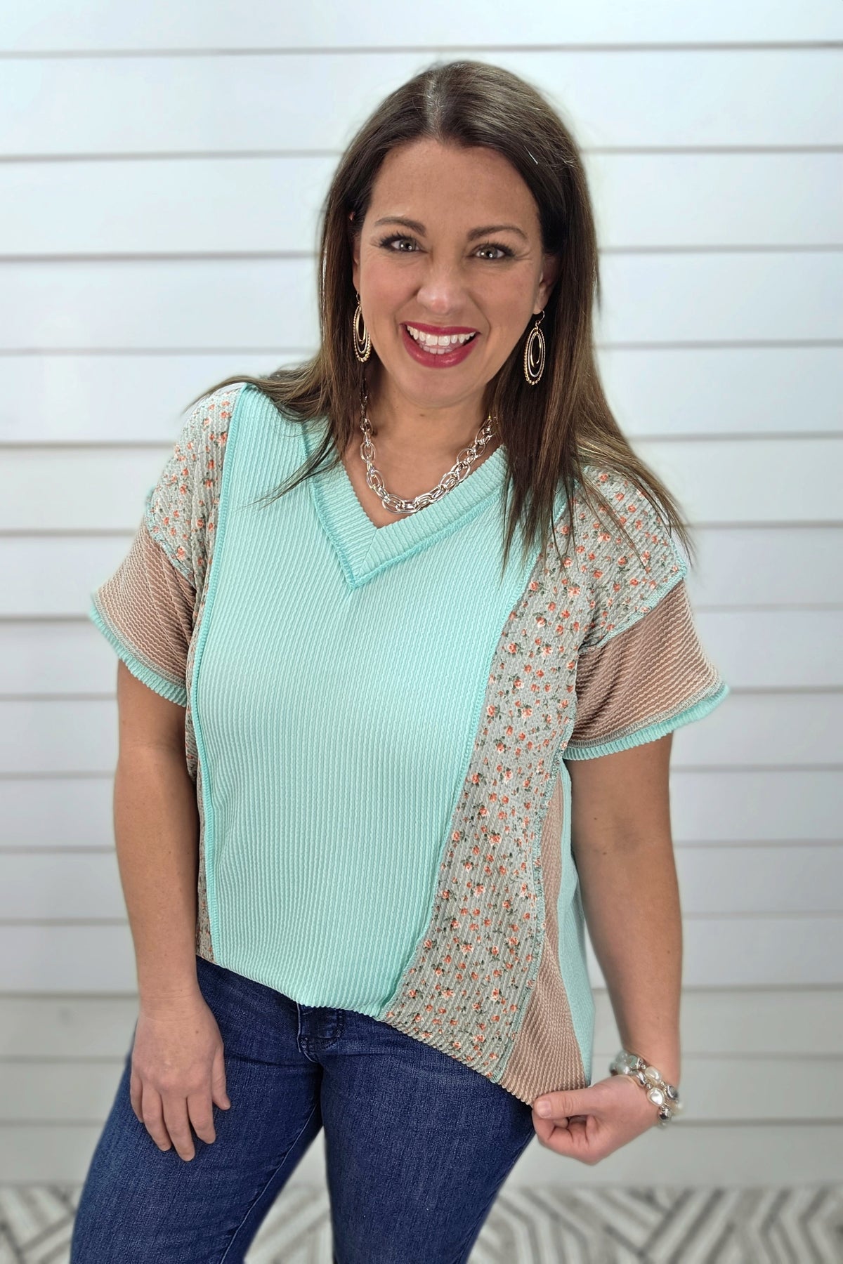 MINT/MOCHA RAISED RIBBED COLORBLOCK LOOSE FIT KNIT TOP