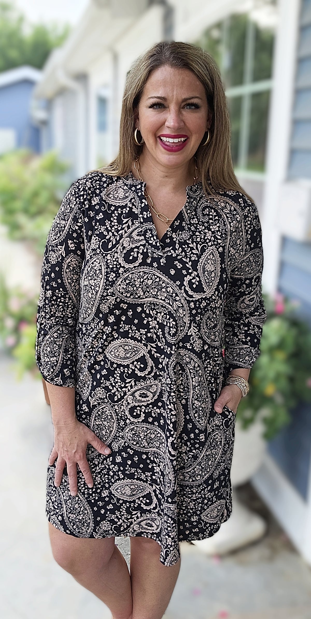 DEAR SCARLETT BLACK/TAUPE PAISLEY 3/4 SLEEVE DRESS