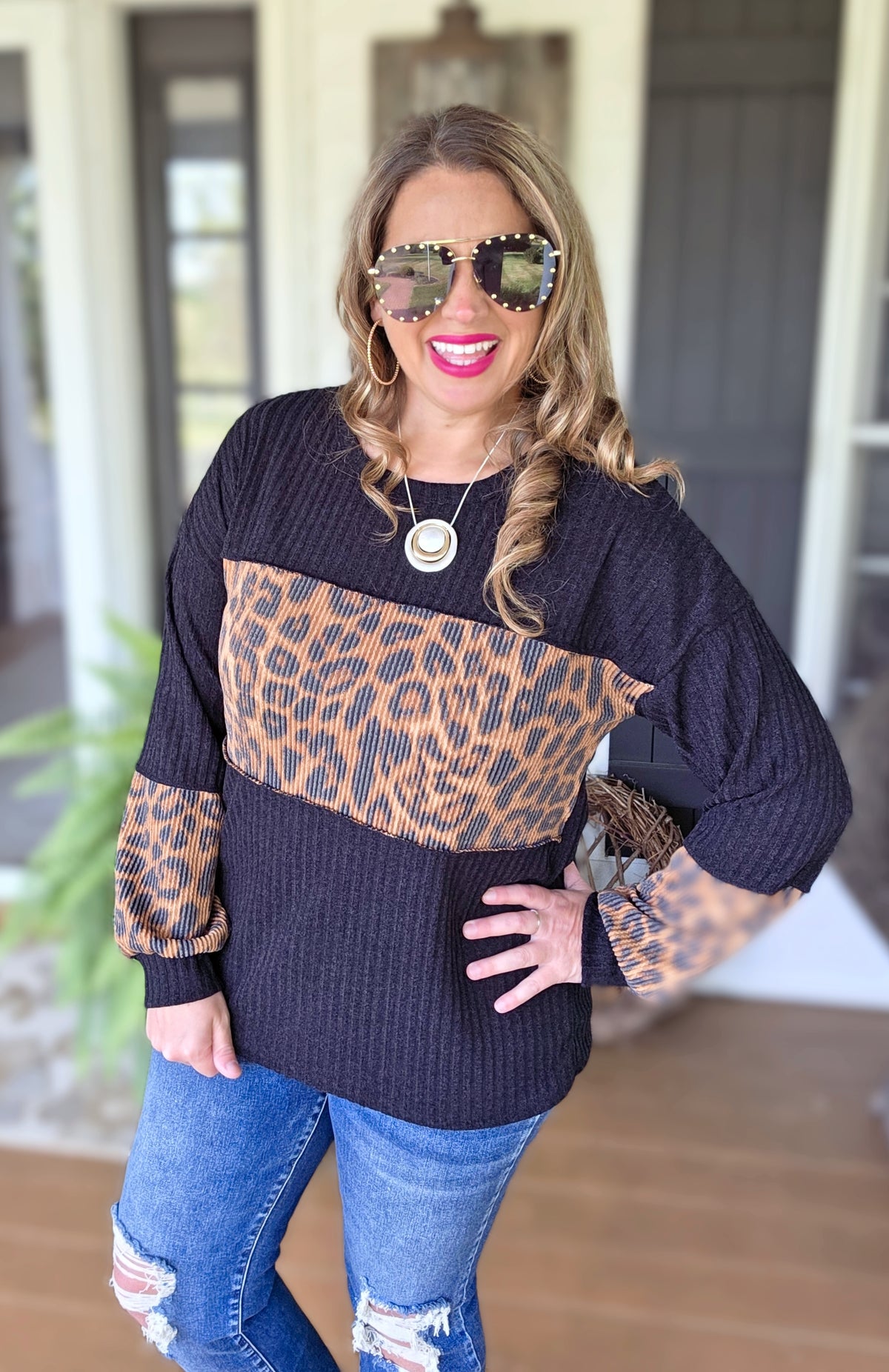 BLACK TEXTURED ANIMAL COLORBLOCK KNIT TOP