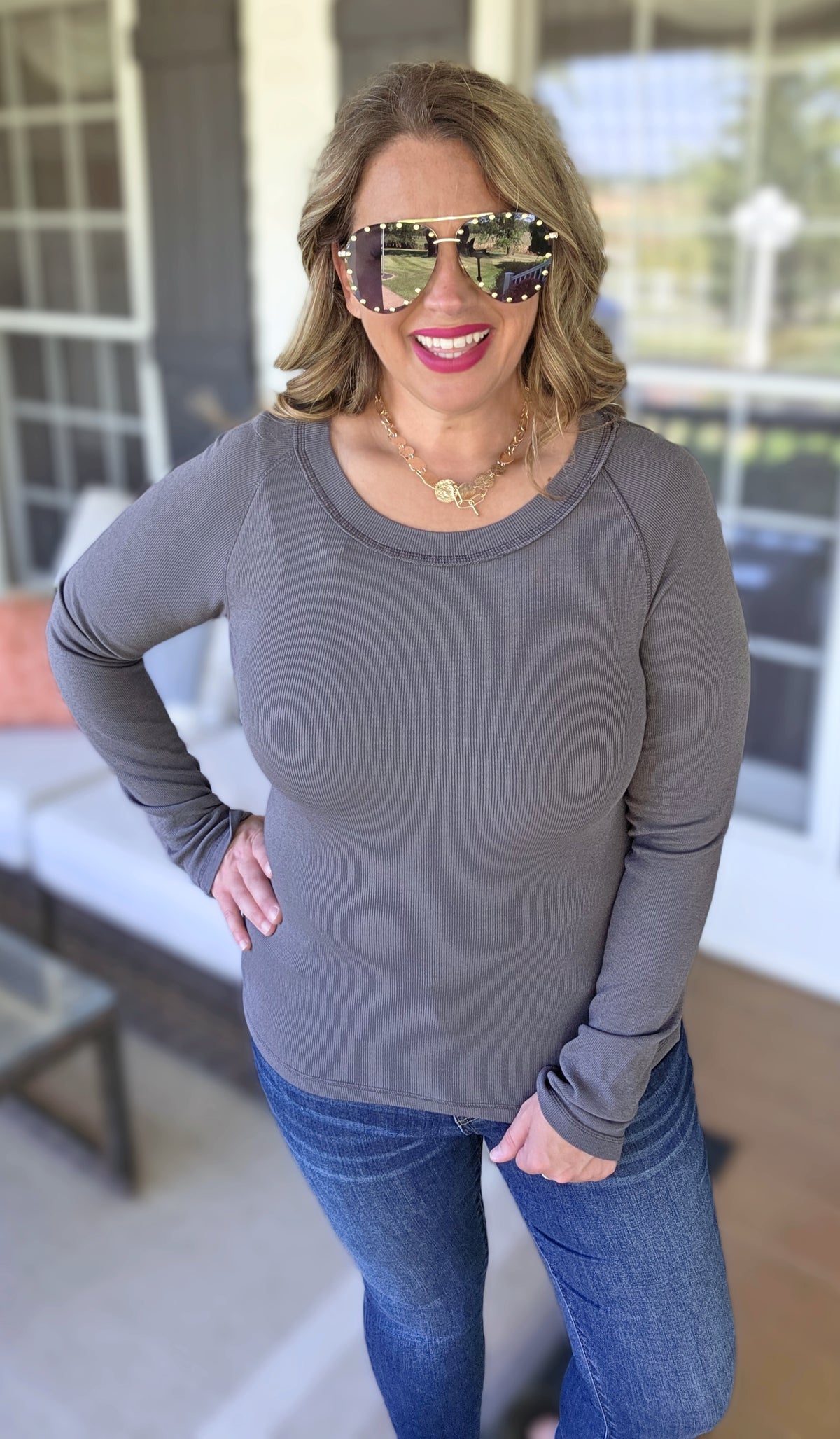 CHARCOAL RIBBED KNIT STRETCHY TOP