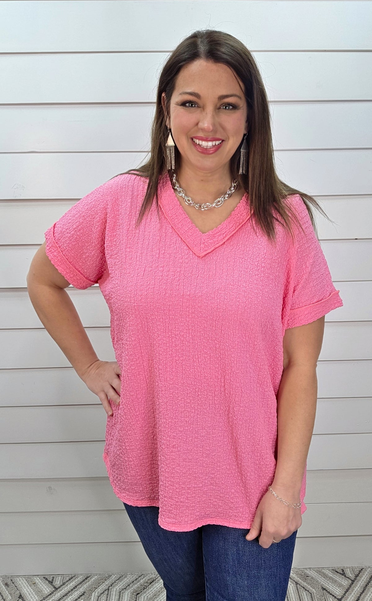 PINK OVERSIZED TEXTURED V NECK KNIT TOP