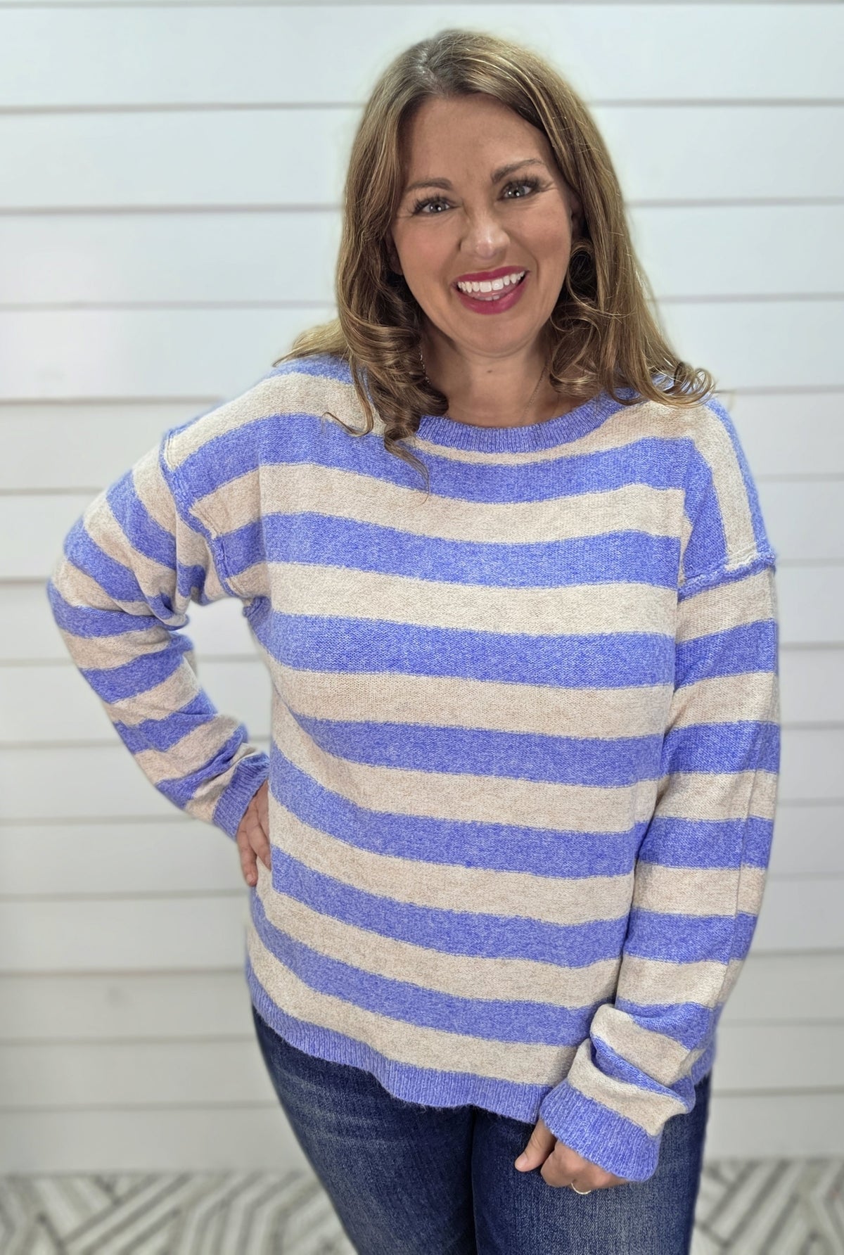 LT BLUE Bold Striped Long Sleeve Super Soft Crew Neck Pullover Sweater