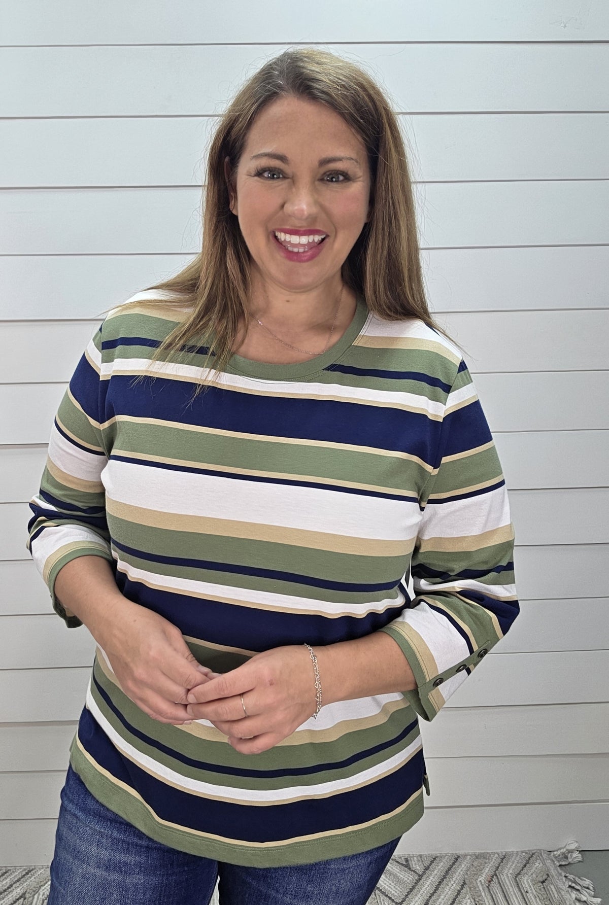 OLIVE/NAVY STRIPED 3/4 SLEEVE KNIT TOP