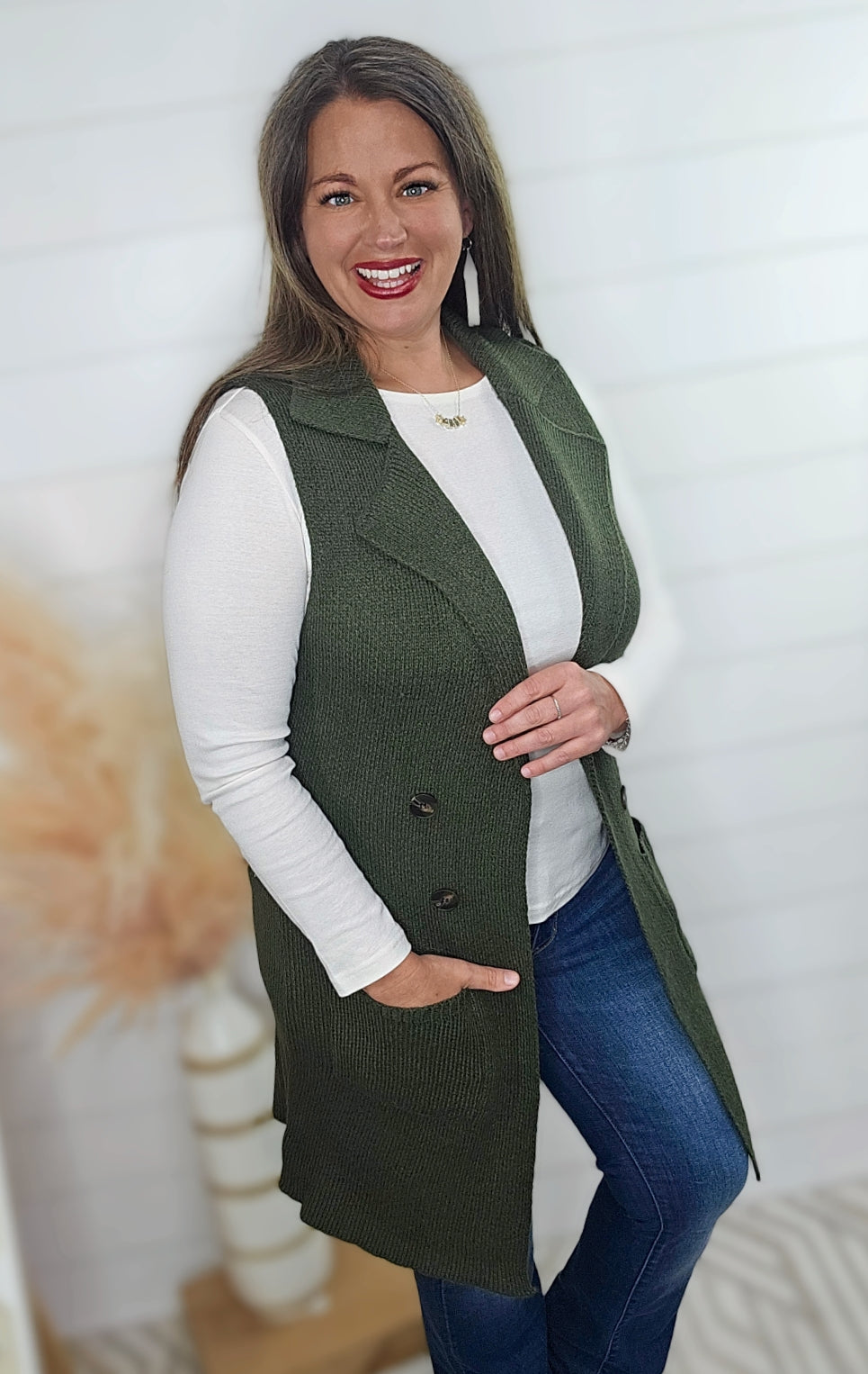 OLIVE SLEEVELESS LONG SWEATER VEST