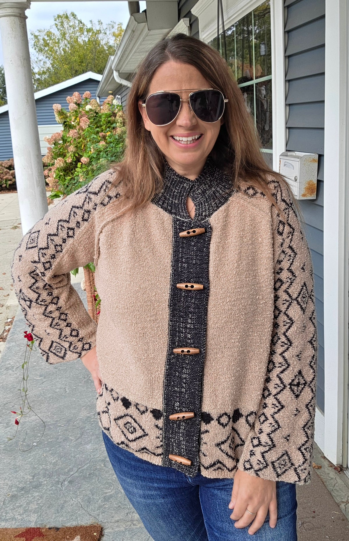 Mocha Nordic Pattern Raglan Long Sleeve Contrast Rib Band With Toggle Buttons Soft Cardigan