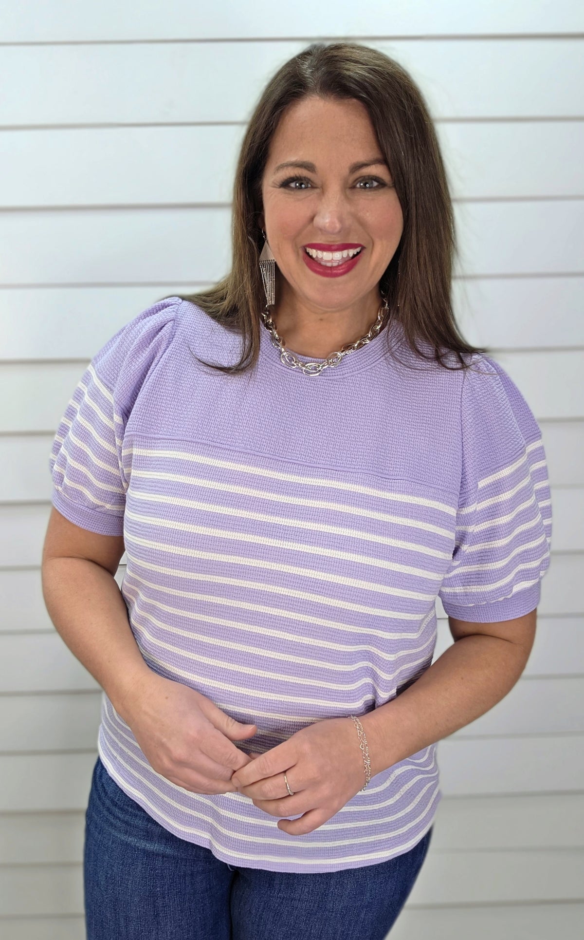 LAVENDER STRIPED CLOUD FABRIC W/ PUFF SLEEVE