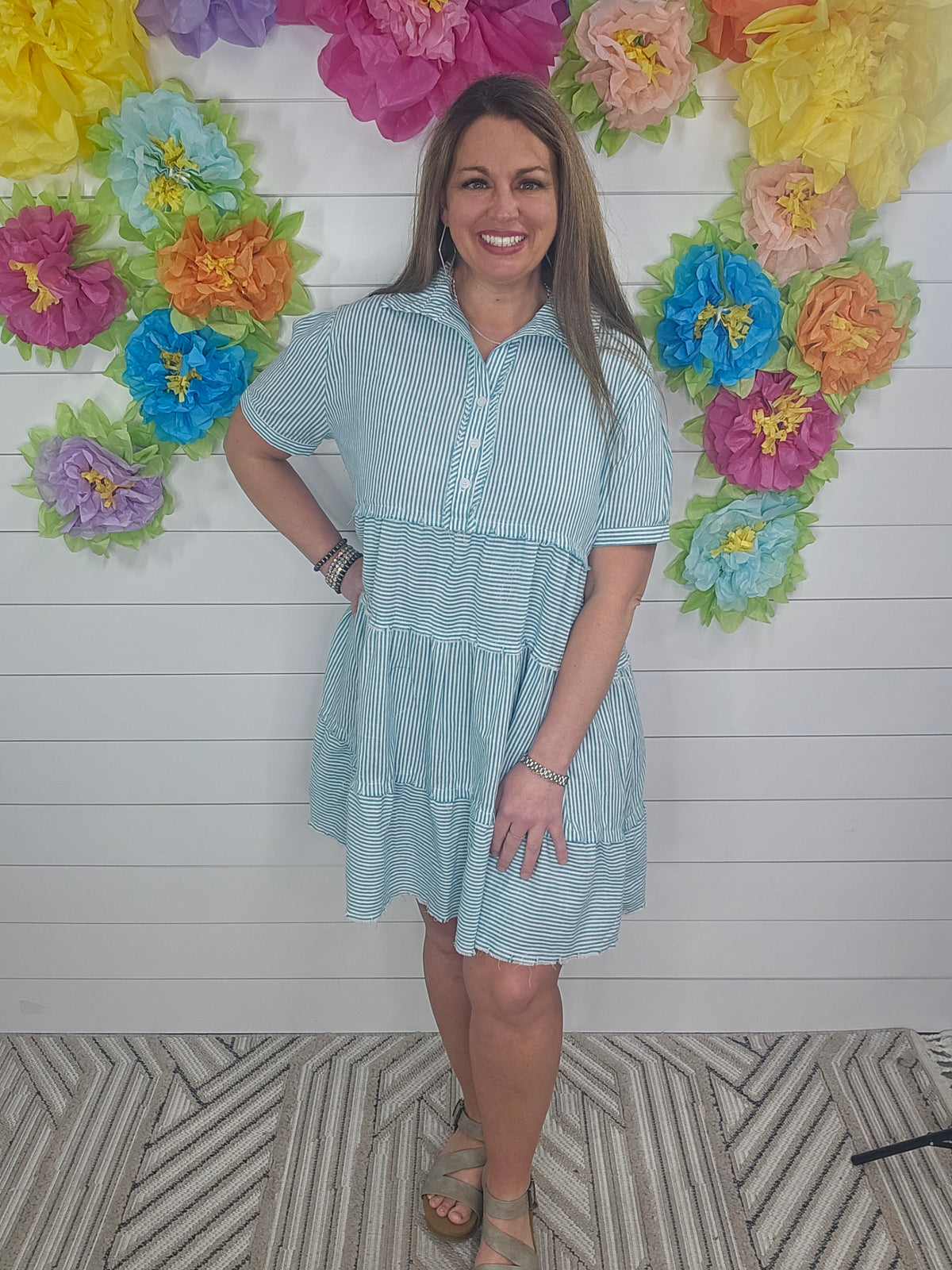TEAL STRIPED HALF BUTTON TIERED DRESS
