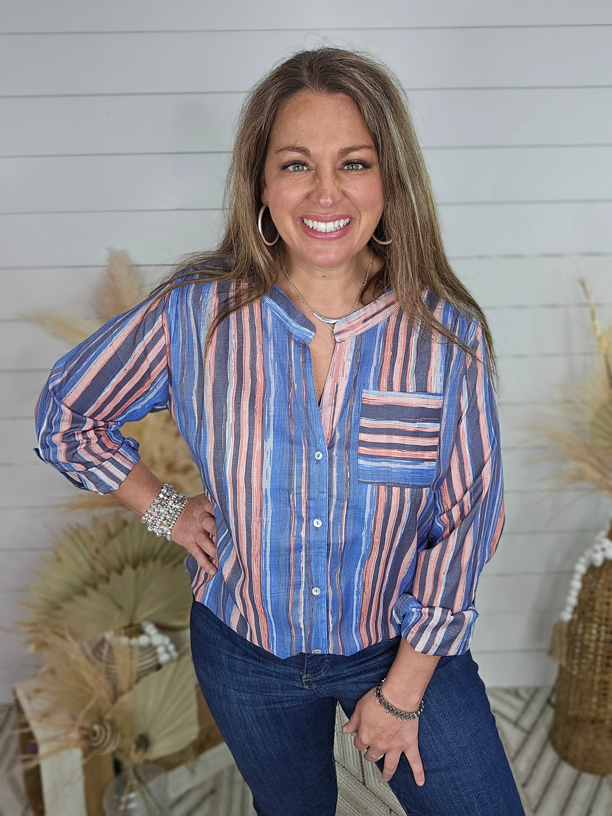 BLUE/CORAL STRIPED ROLL UP SLEEVE BUTTON TOP