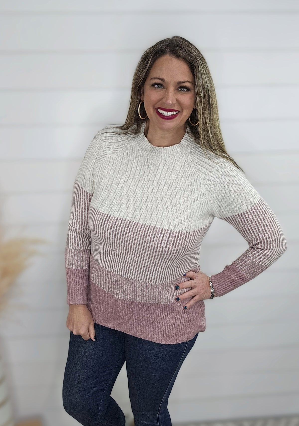 MAUVE/CREAM COLORBLOCK RIBBED SUPER SOFT PULLOVER SWEATER