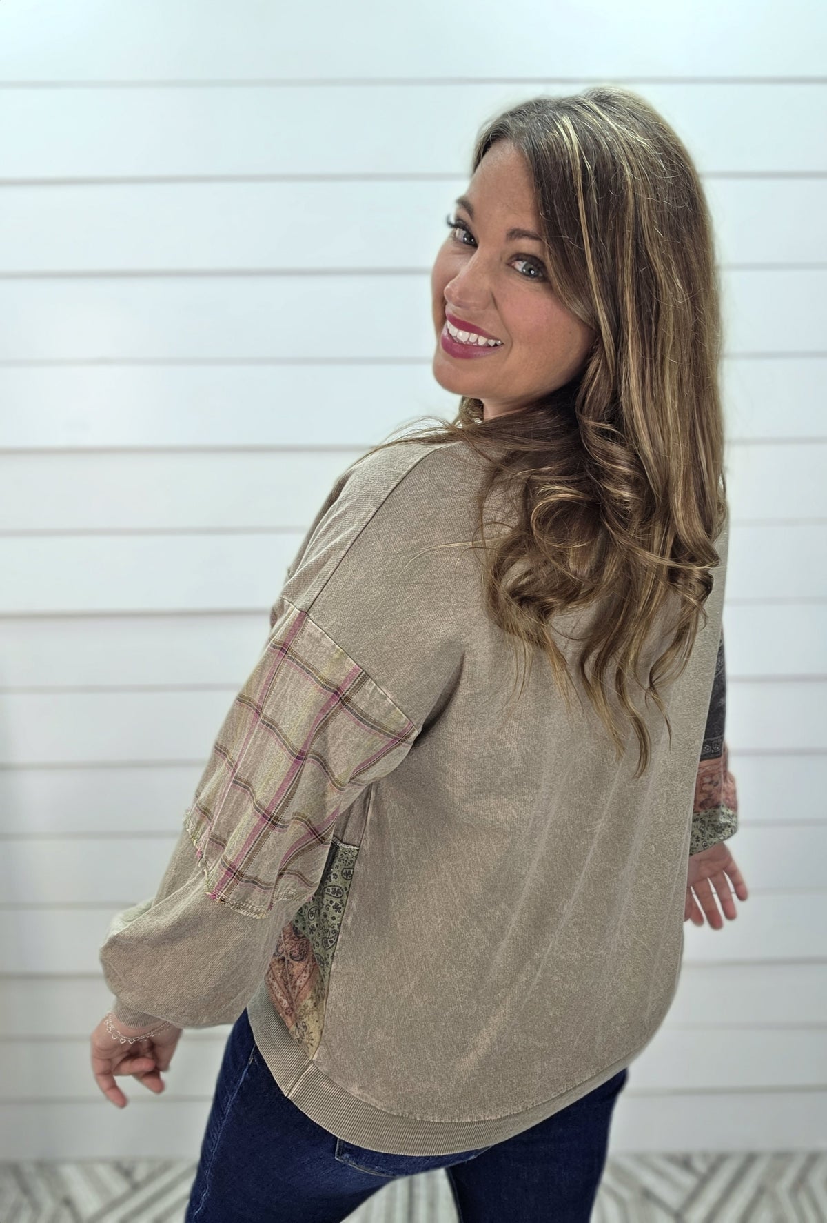 DK TAUPE Mineral washed Plaid And Bandana Print Sweatshirt Pullover