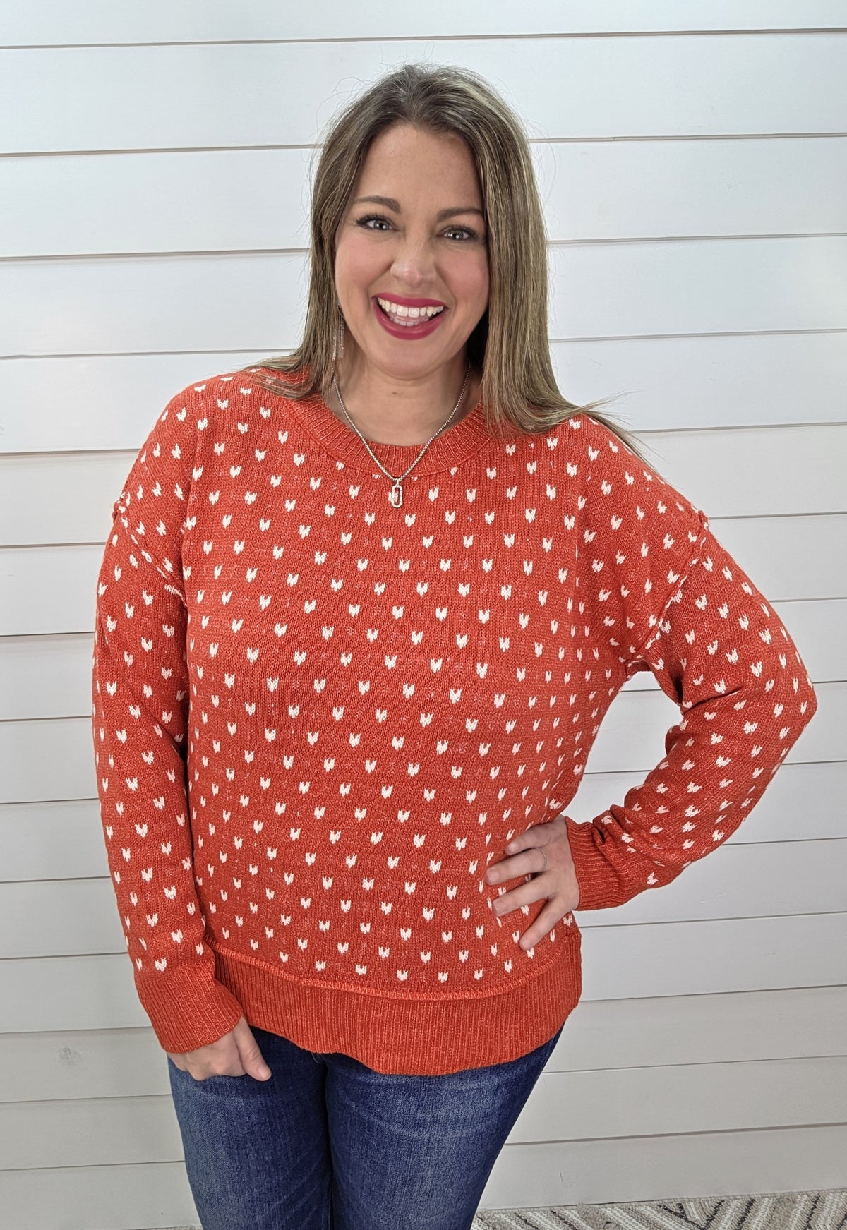 RED PRINTED TEXTURED CREW NECK SWEATER