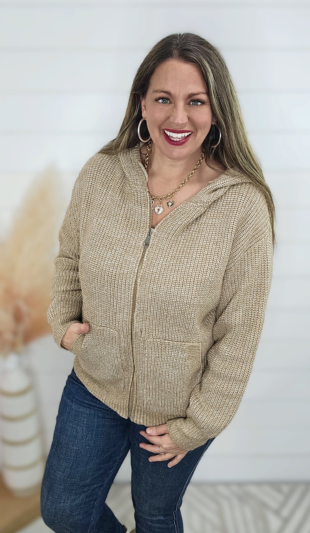 TAUPE CHUKY KNIT HOODED ZIP UP SWEATER