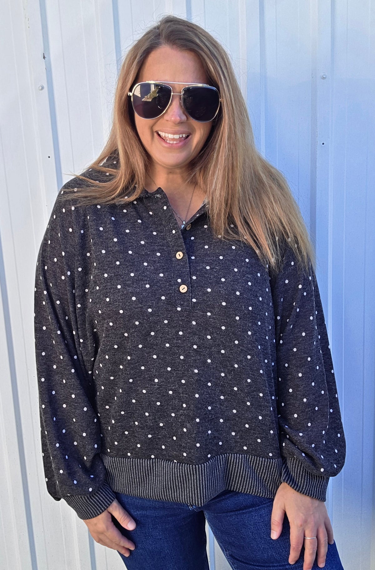 Charcoal Collared Neck Long Sleeve Polkadot Pullover Top With A Relaxed Loose Fit