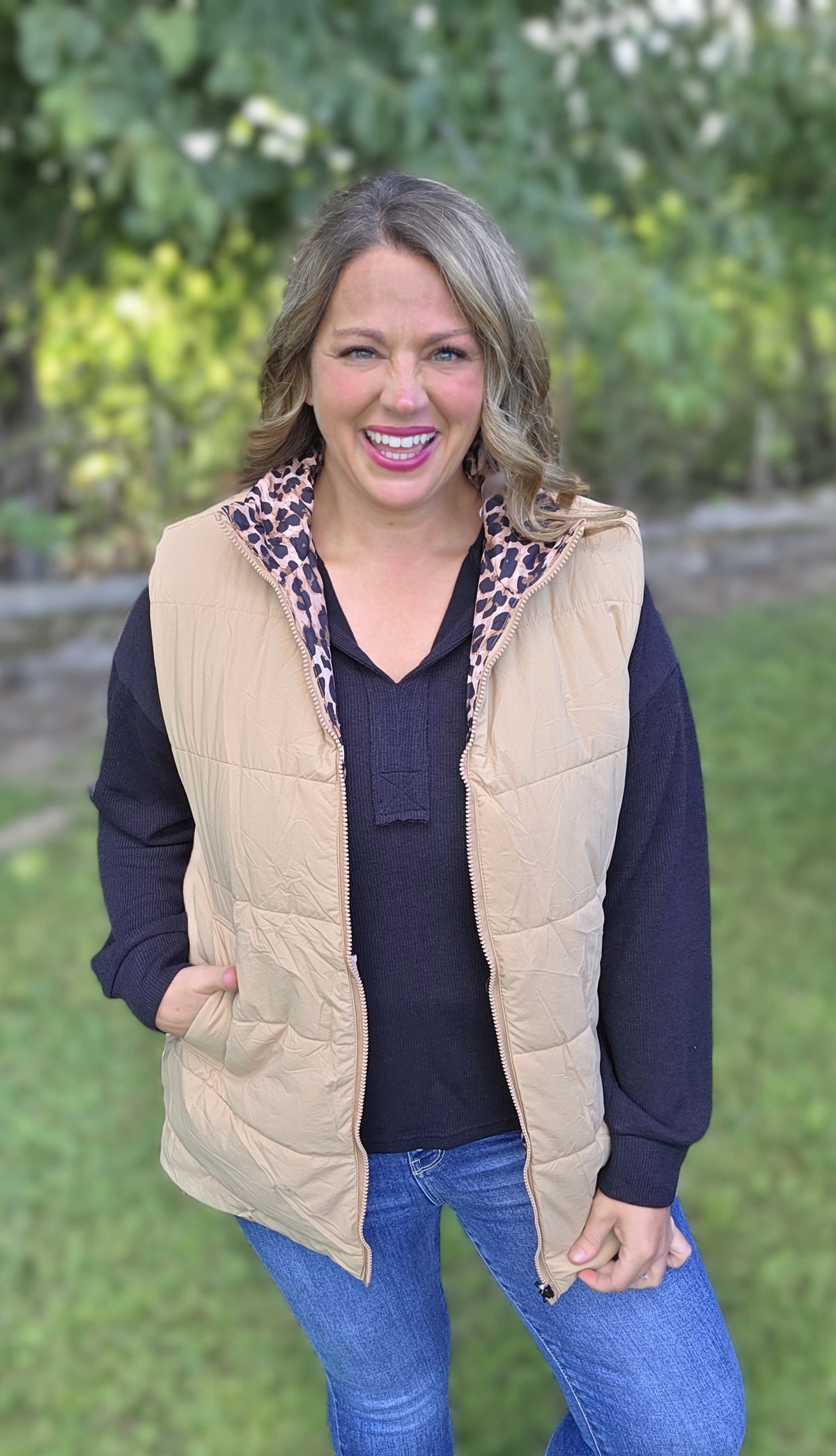 KHAKI AND LEOPARD REVERSIBLE ZIP UP VEST