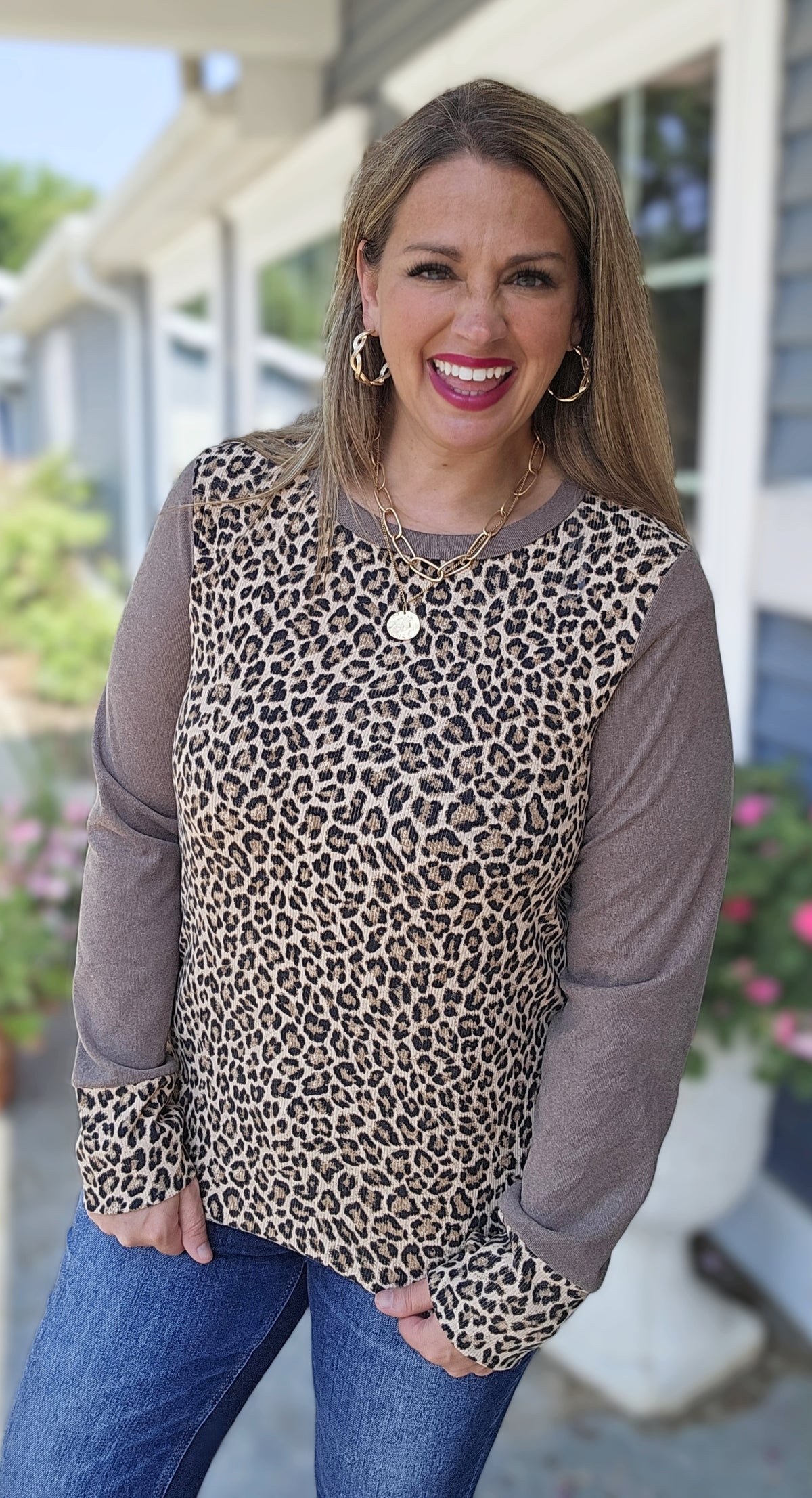 BROWN ANIMAL PRINT CONTRAST LONG SLEEVE KNIT TOP