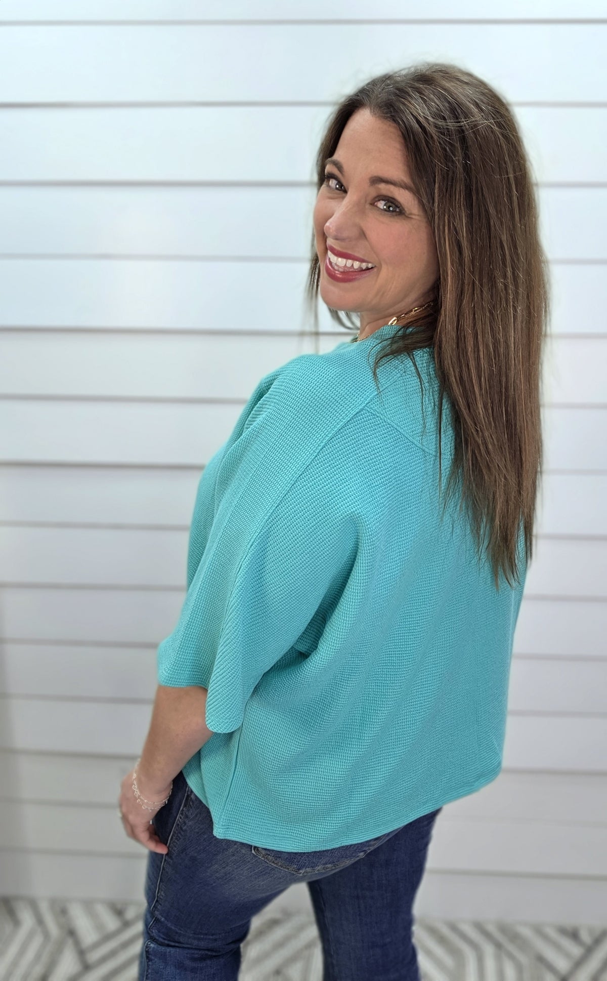 MINT DOUBLE KNIT TEXTURED HALF SLEEVE KNIT TOP