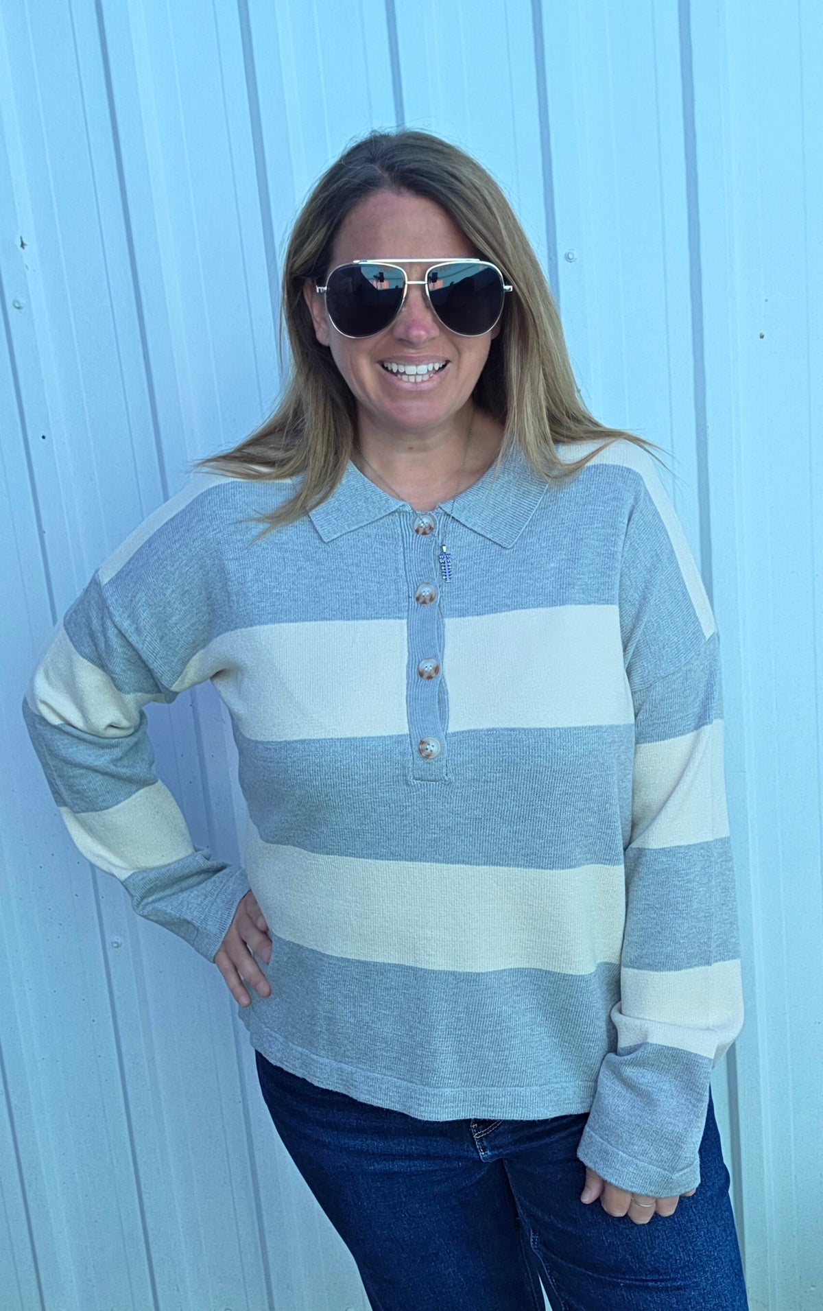 Heather Grey Wide Striped Button Neckline Oversized Sweater