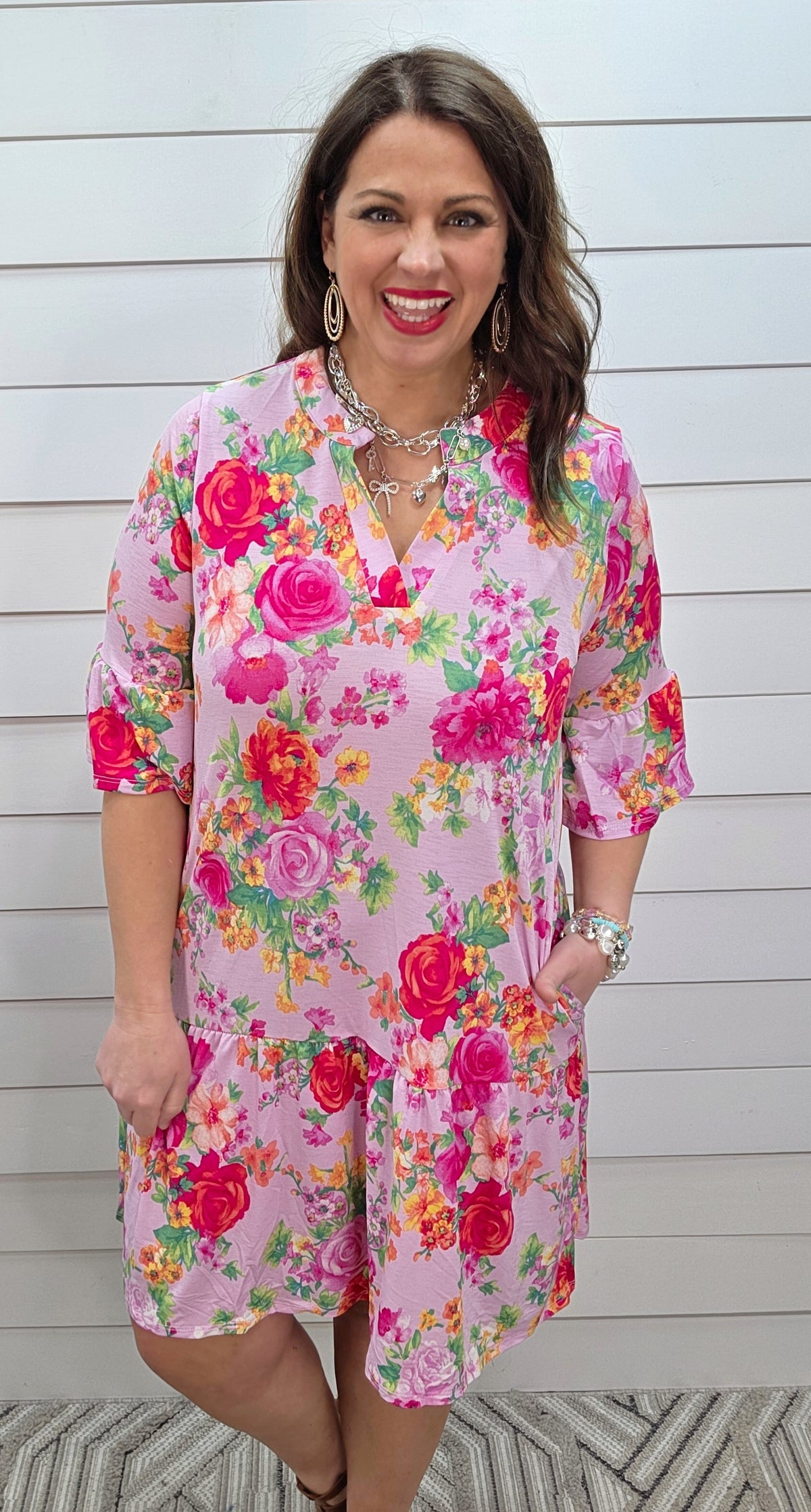 DEAR SCARLETT SUNDAY 3/4 SLEEVE RUFFLE DETAIL DRESS - BLUSH PINK FLORAL