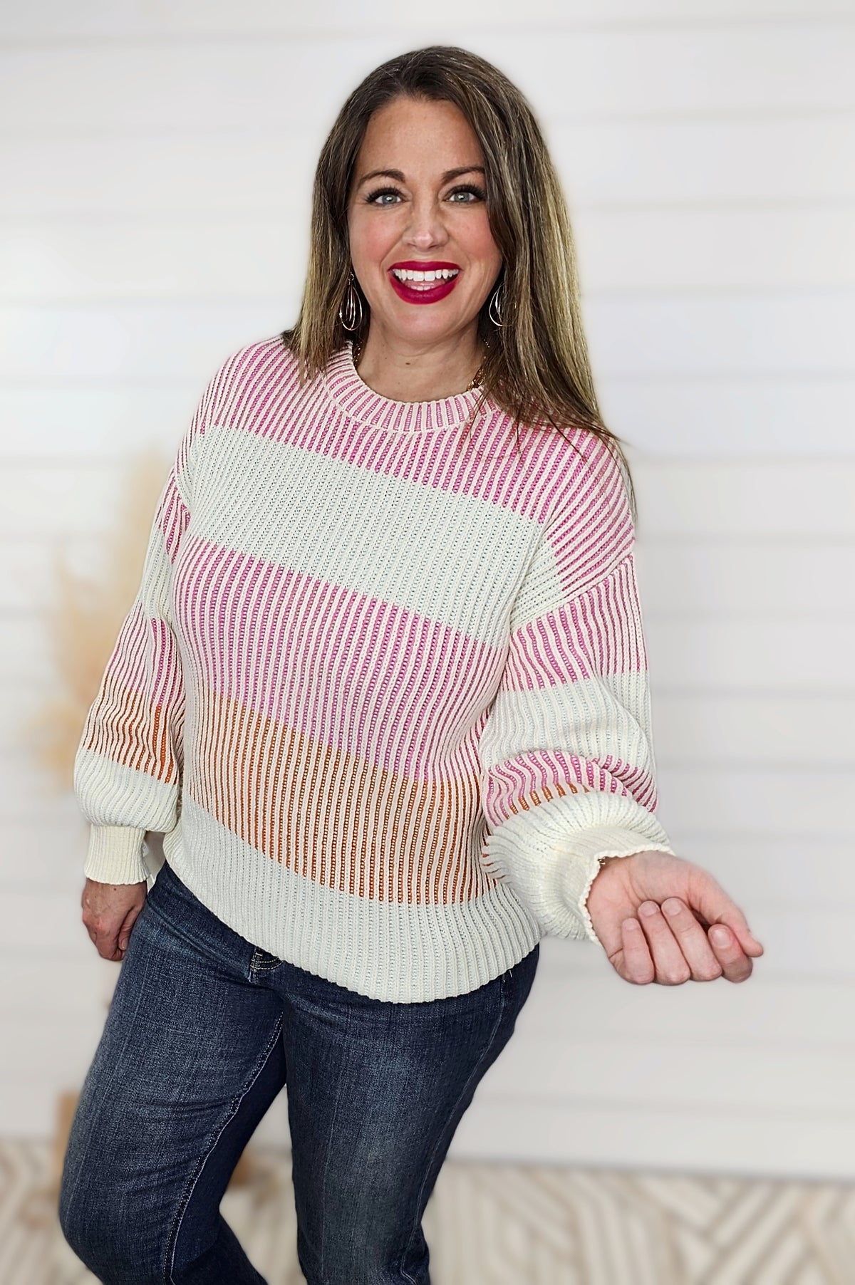 PINK COLORBLOCK TEXTURED KNIT SWEATER