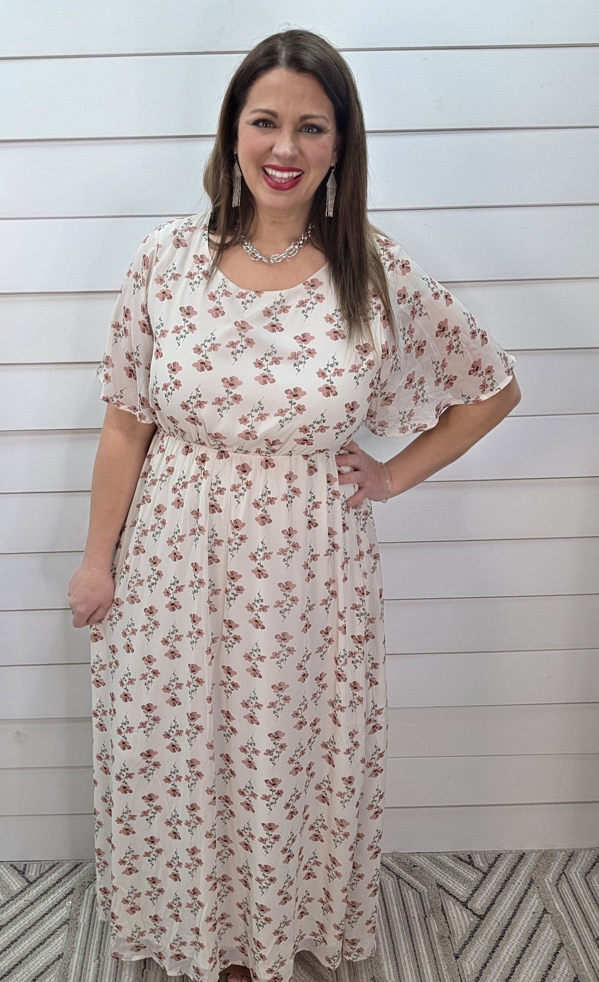 IVORY/ROSE FLORAL ELASTIC WAIST DRESS