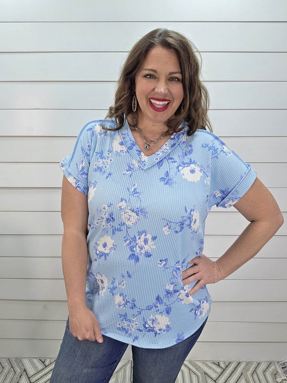 SKY BLUE RAISED RIBBED FLORAL V NECK KNIT TOP
