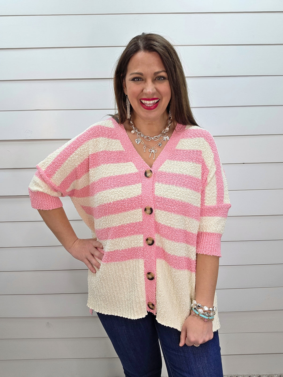 PINK/CREAM V NECK BUTTON DOWN OVERSIZED HALF SLEEVE KNIT CARDIGAN