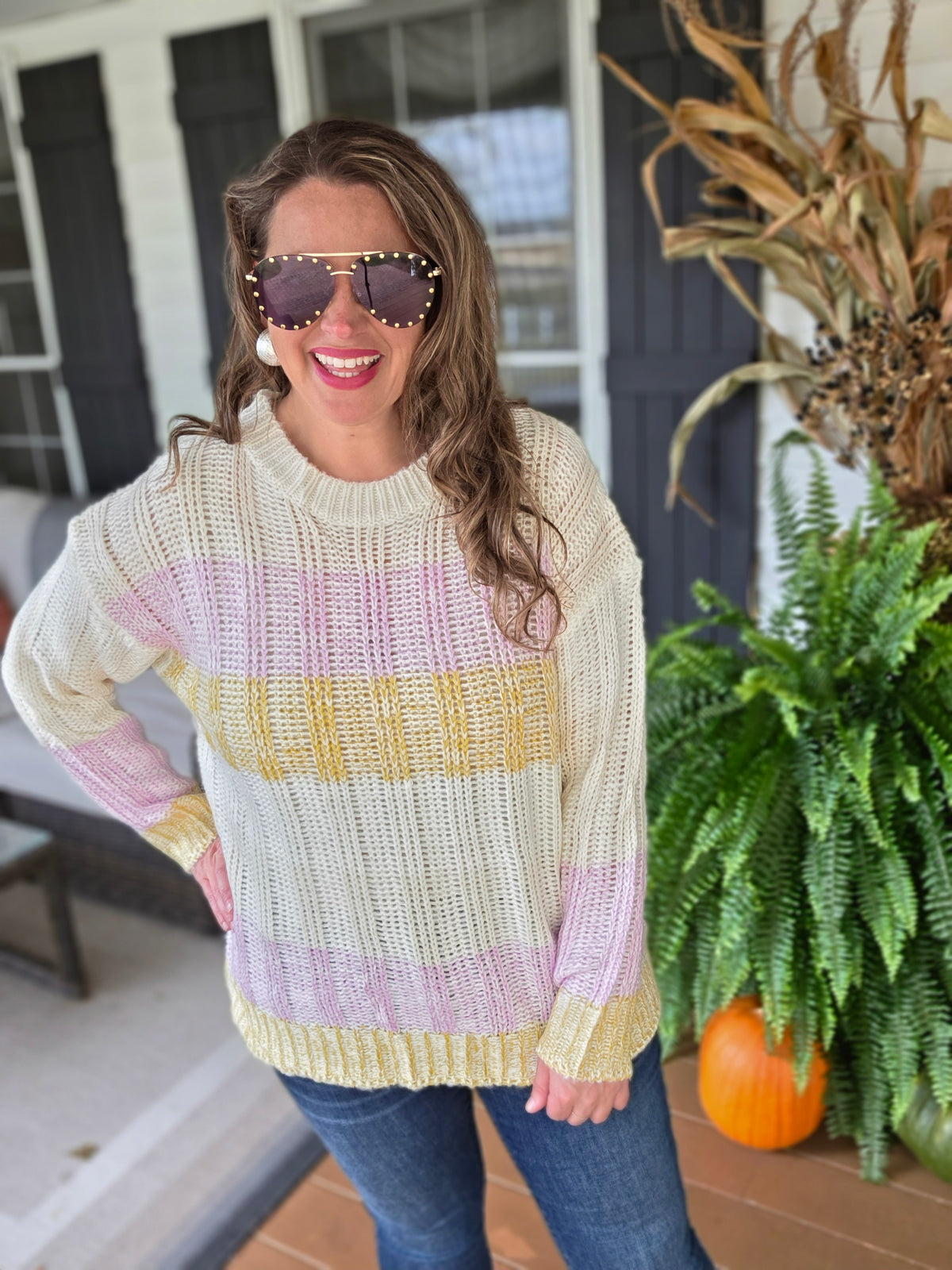 CREAM/LAVENDER/YELLOW COLORBLOCK KNIT CREW NECK SWEATER