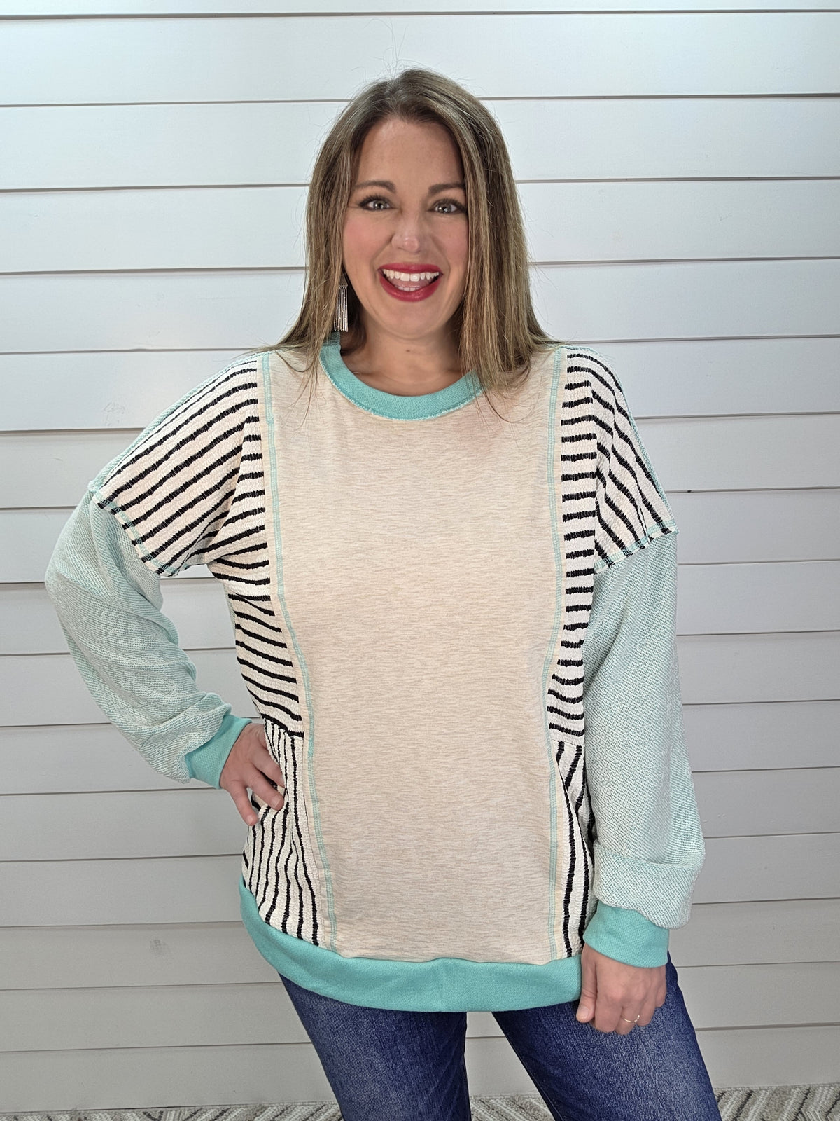 MINT CONTRAST STRIPED KNIT TOP W/ SIDE POCKETS
