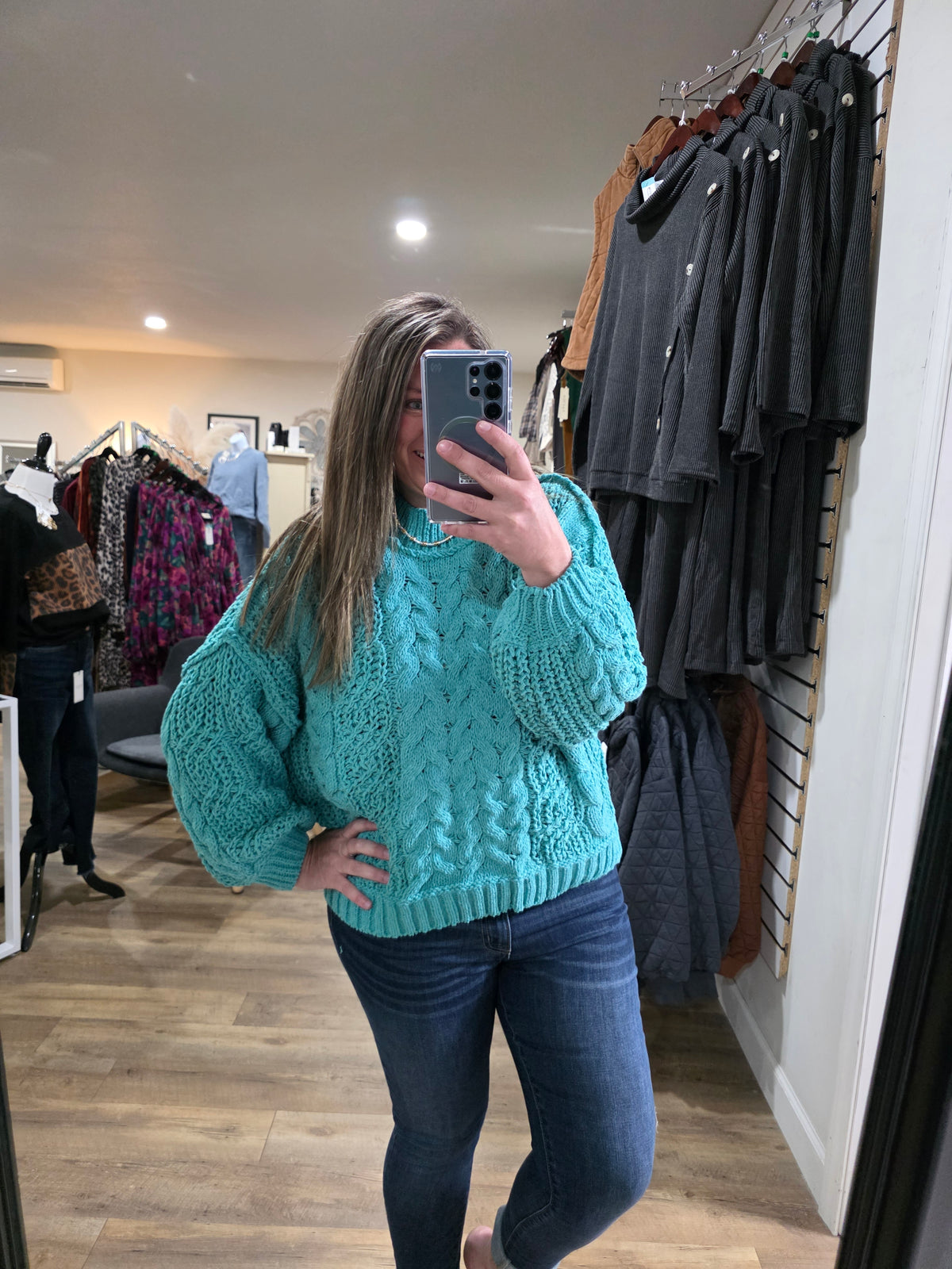 POL AQUA TEAL CABLE KNIT SWEATER