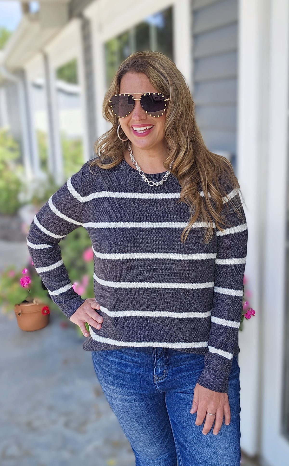 GUN METAL TWO TONE STRIPED KNIT SWEATER