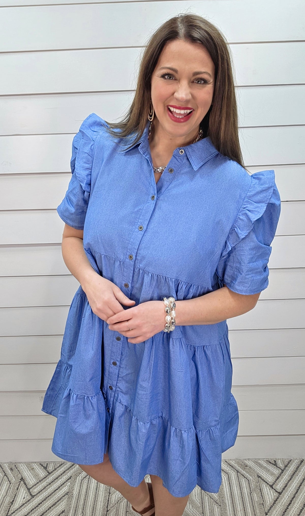CHAMBRAY BUTTON DOWN FRILLED SHORT SLEEVE WOVEN DRESS