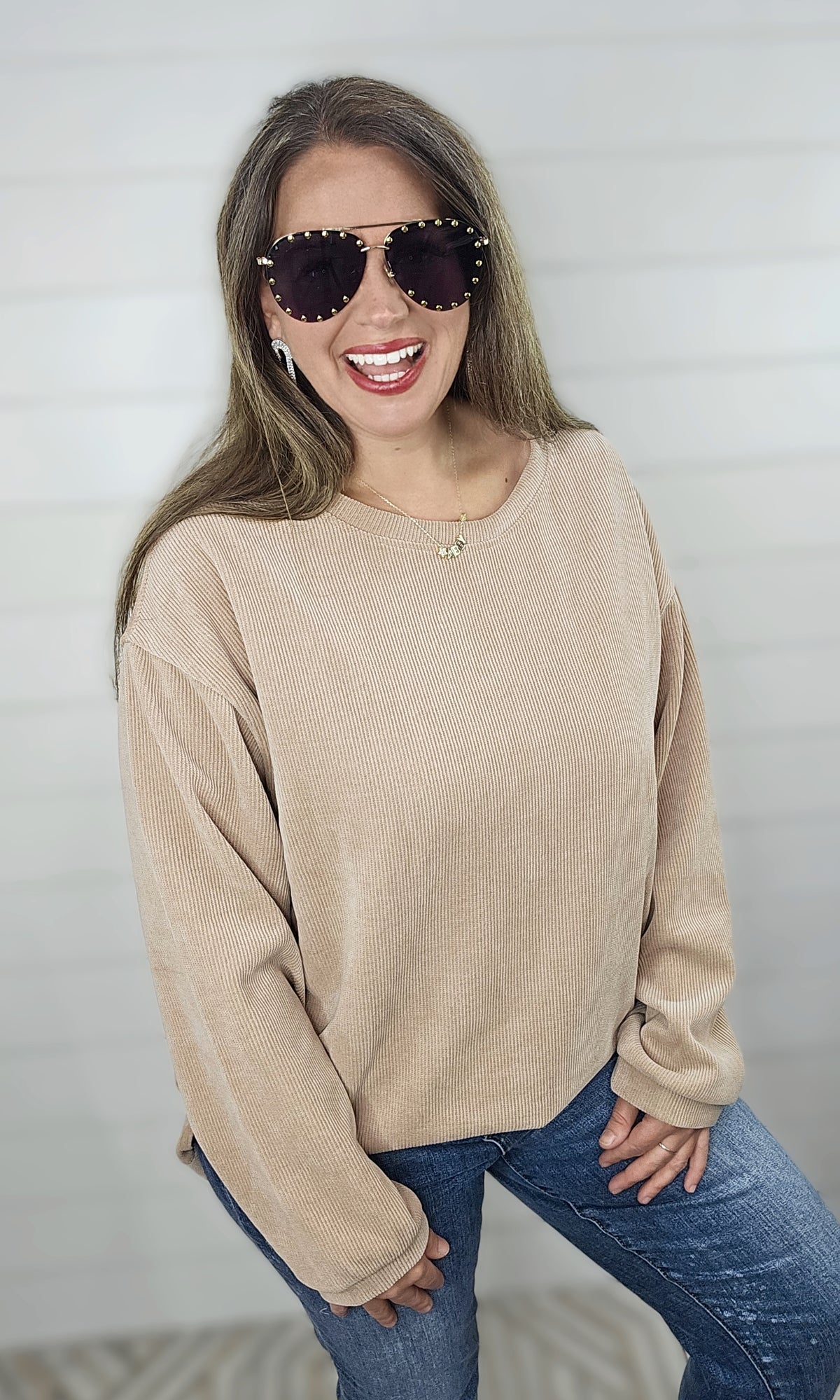 NATURAL SARAH CORDED CREW NECK