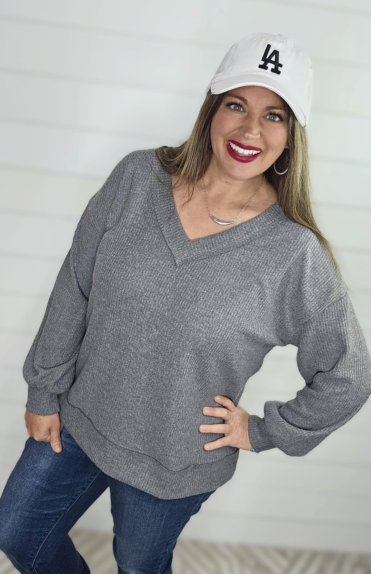 CHARCOAL BRUSHED RIBBED V NECK TOP