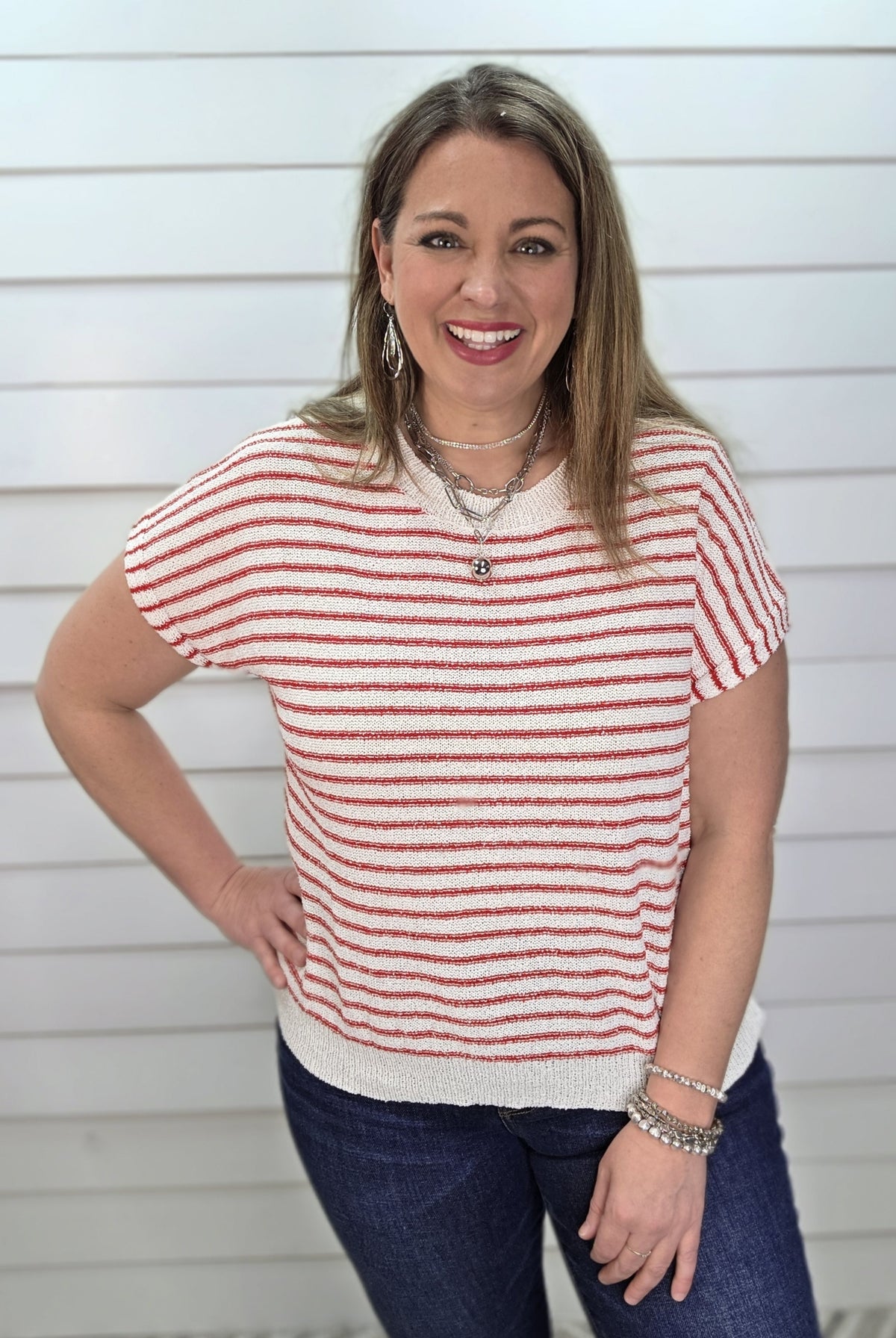 RED/WHTIE STRIPED SWEATER KNIT SHORT SLEEVE TOP