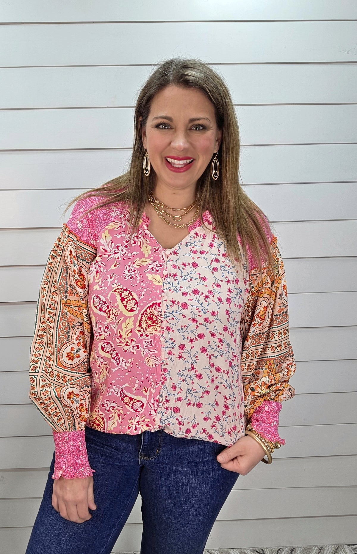 PINK MULTI CONTRAST BUTTON DOWN WOVEN TOP
