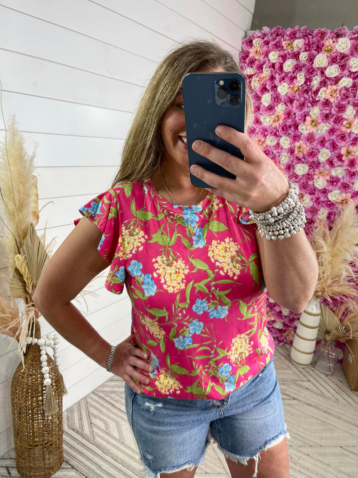 FUCHSIA FLORAL ROUND NECK RUFFLE SLEEVE TOP