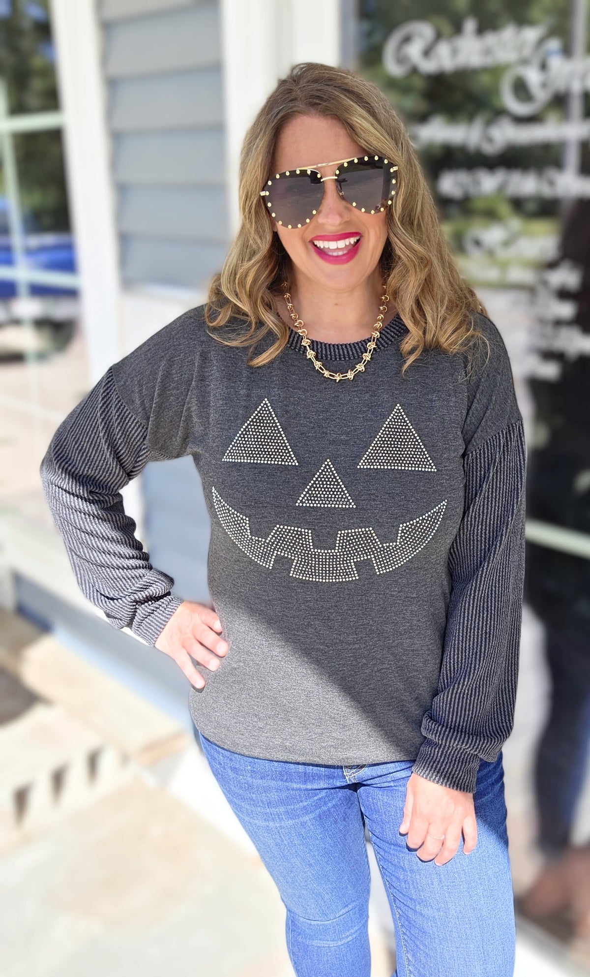 CHARCOAL CONTRAST KNIT TOP WITH RHINESTONE JACK O LANTERN FACE