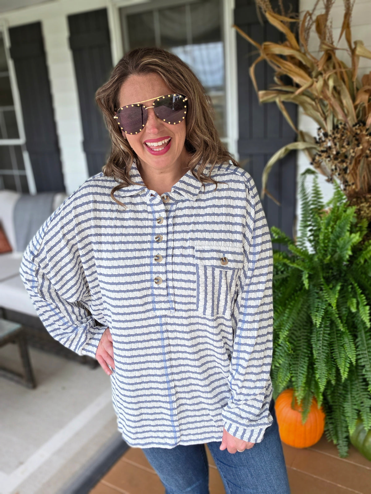 DENIM STRIPED TEXTURED OVERSIZED HENLEY TOP