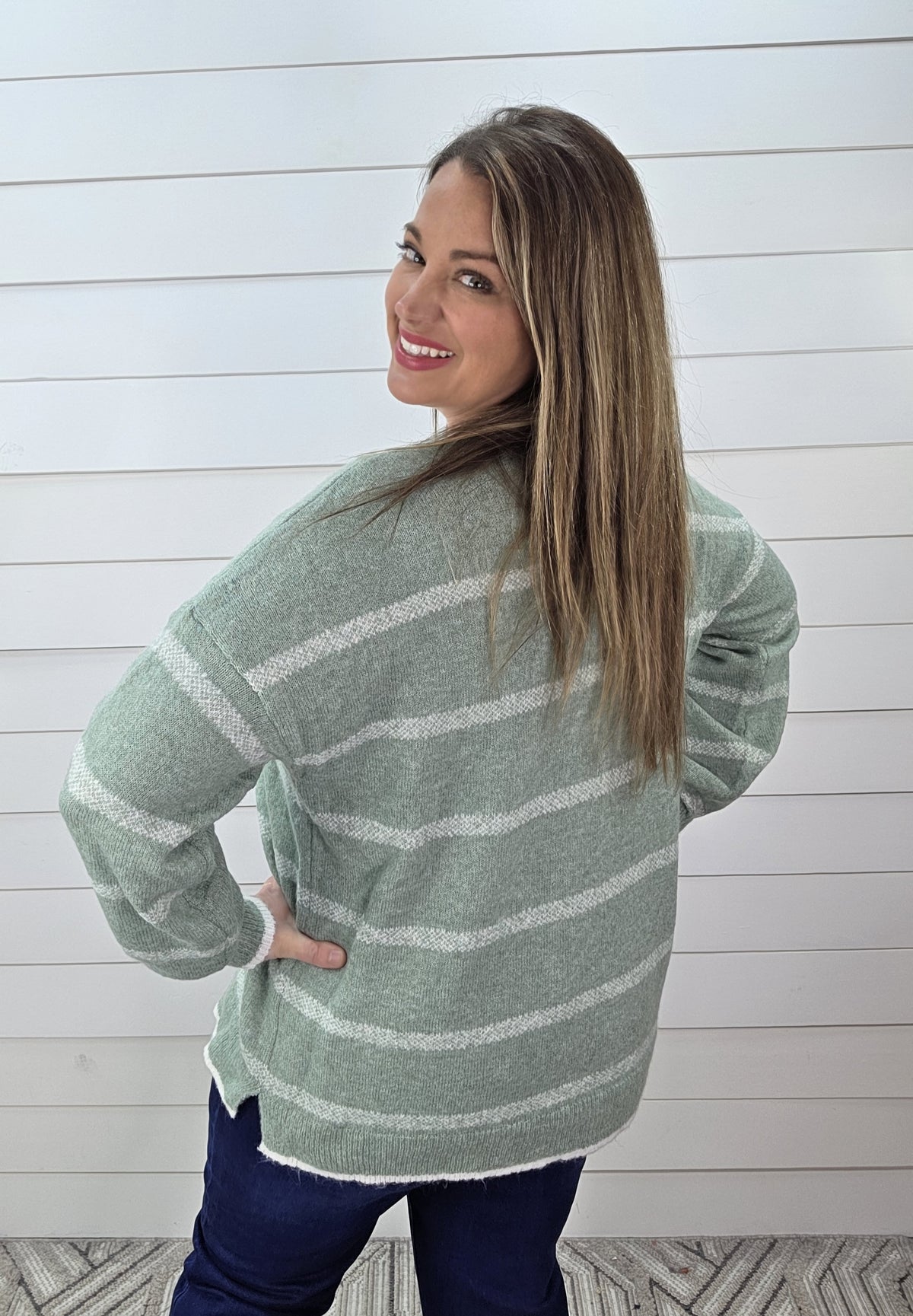 SAGE/CREAM STRIPED KNIT LIGHT WEIGHT SWEATER
