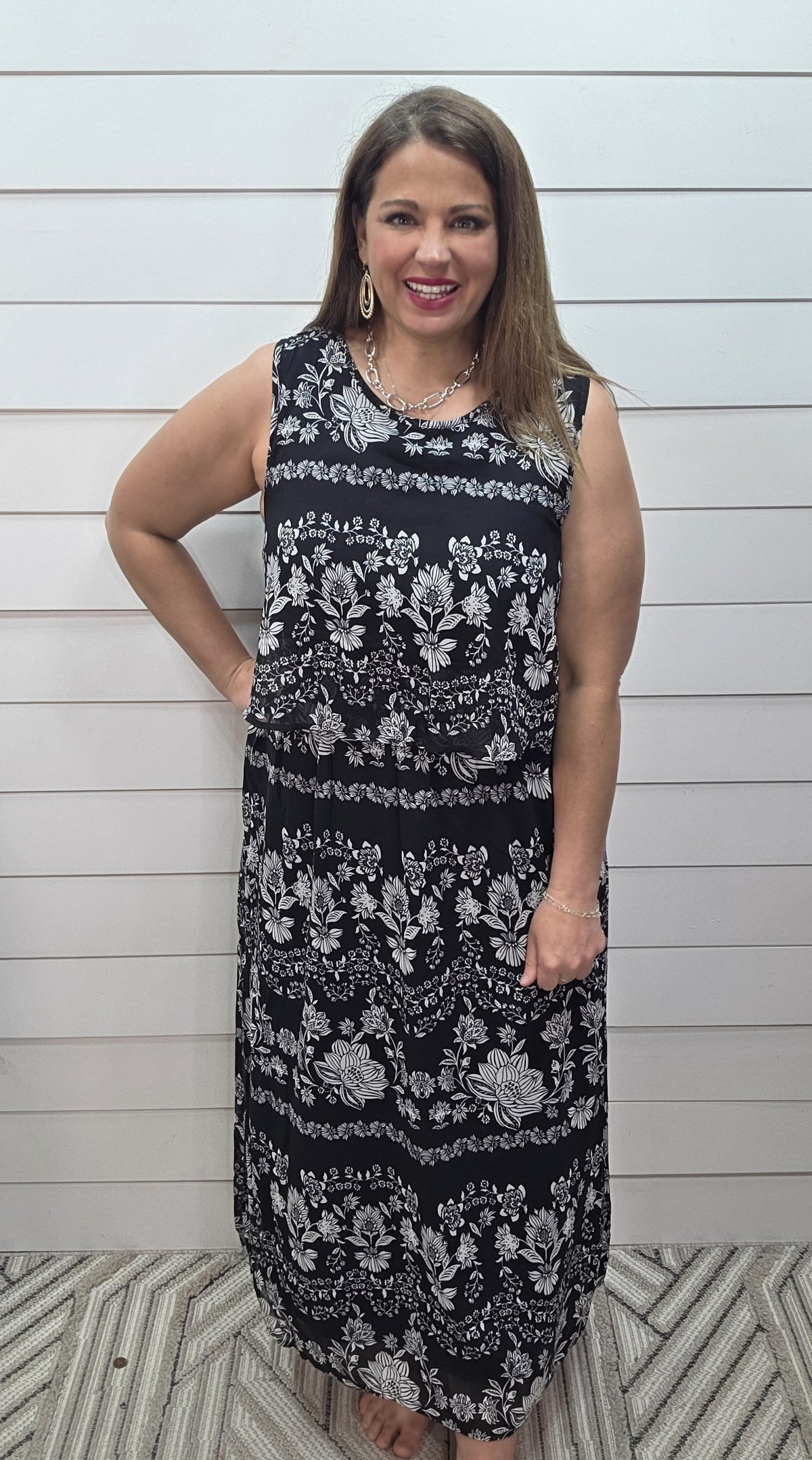 BLACK FLORAL OVERLAY ELASTIC WAIST LONG DRESS