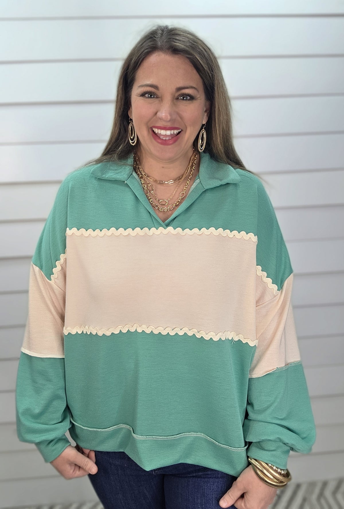 TEAL/OATMEAL COLORBLOCK LIGHT WEIGHT FRENCH TERRY TOP W/ RIC RAC TRIM