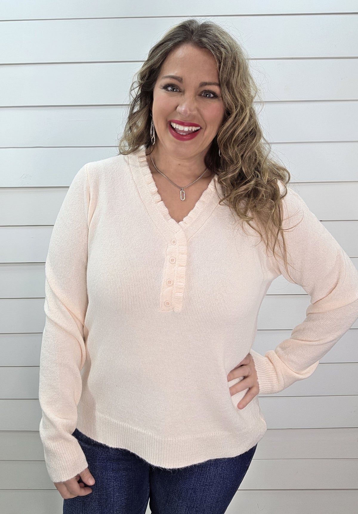 PALE BLUSH RUFFLE HENLEY KNIT SWEATER
