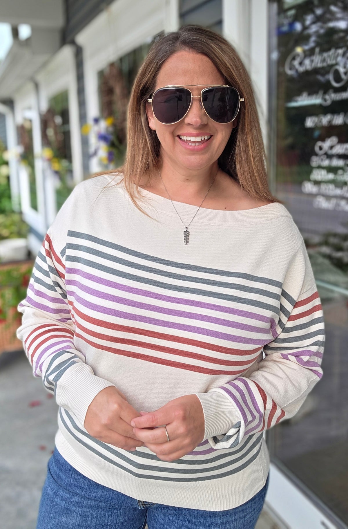 OLIVE/LAVENDER Boat Neck, Long Sleeve, Multi Color Engineer Striped Sweater