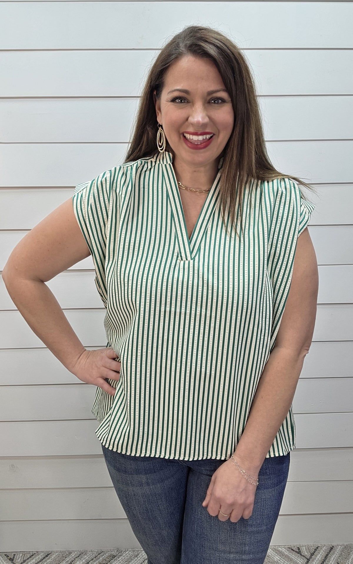 GREEN/CREAM TEXTURED STRIPED DROP SHOULDER WOVEN TOP