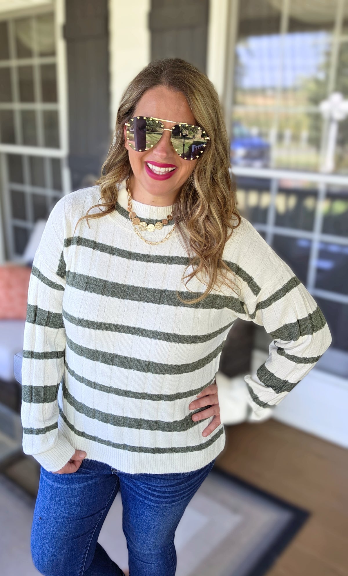 CREAM/DK SAGE STRIPED MOCK NECK PULLOVER SWEATER