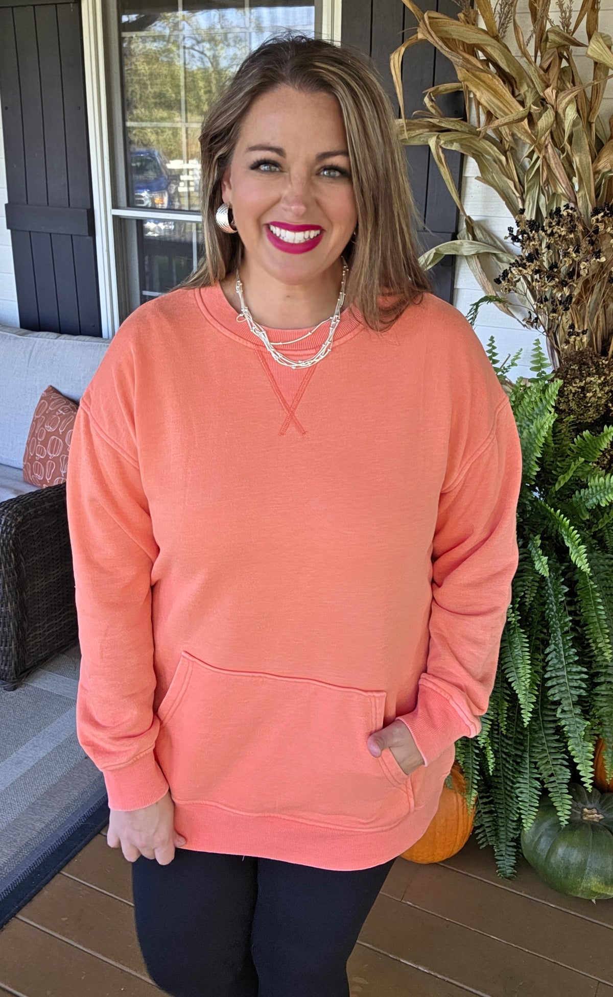 HOT CORAL MINERAL WASH PULLOVER W/ KANGAROO POCKET