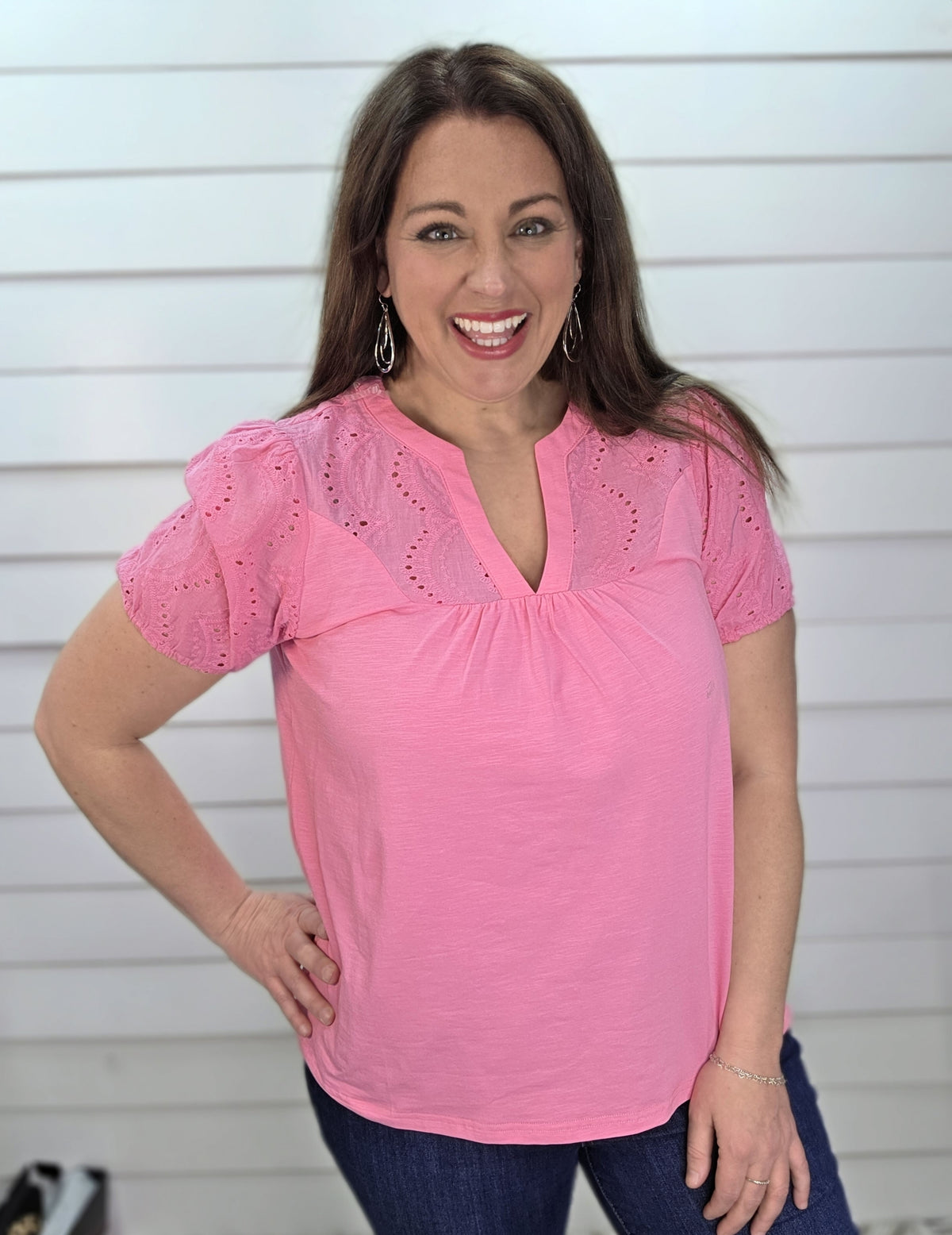 FUCHSIA PUFF SLEEVE EYELET LACE KNIT TOP