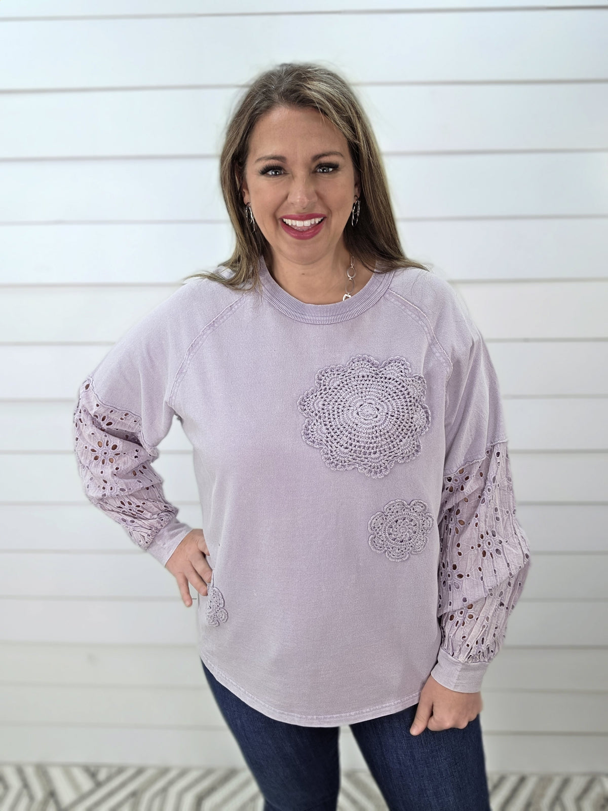 LAVENDER EYELET LACE CONTRAST KNIT OVERSIZED TOP