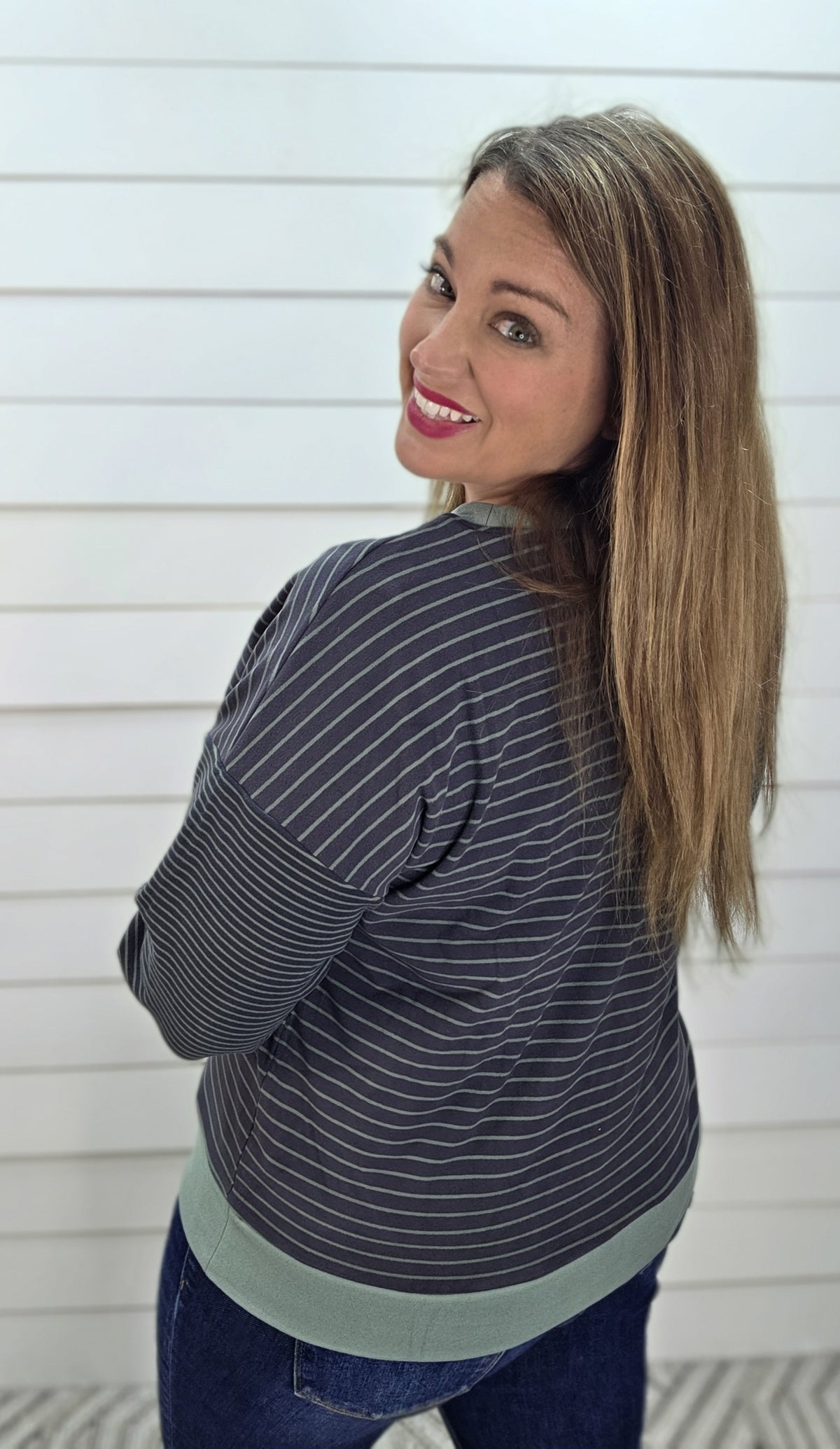 SAGE Color Accent, Long Sleeve, Micro Brushed Stripe Knit Top