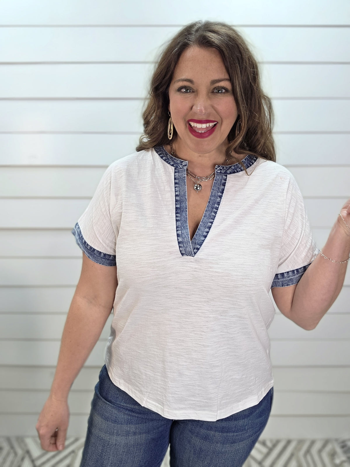 OFF WHITE/DENIM CONTRAST KNIT TOP